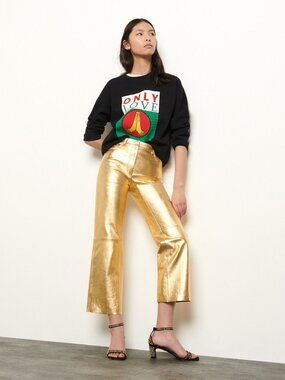 NWT SANDRO Metallic gold leather kick-flare pants US 4/S FR 36 $820